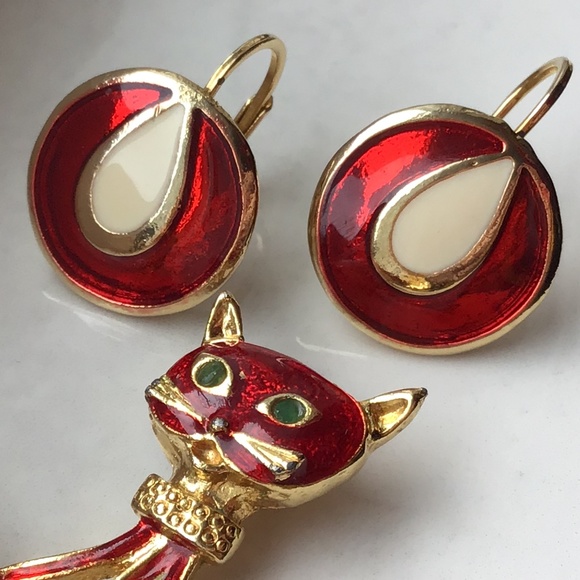 Vintage Cat Pendant & Pierced Earring Set - Picture 11 of 12